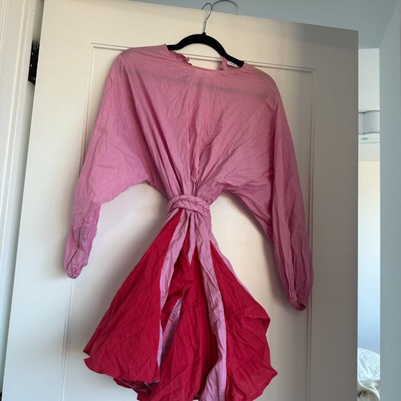 Rhode Resort Ella Blouson Mini Dress Flared Colorblock Rope Waist Tie Pink Red - Picture 5 of 8